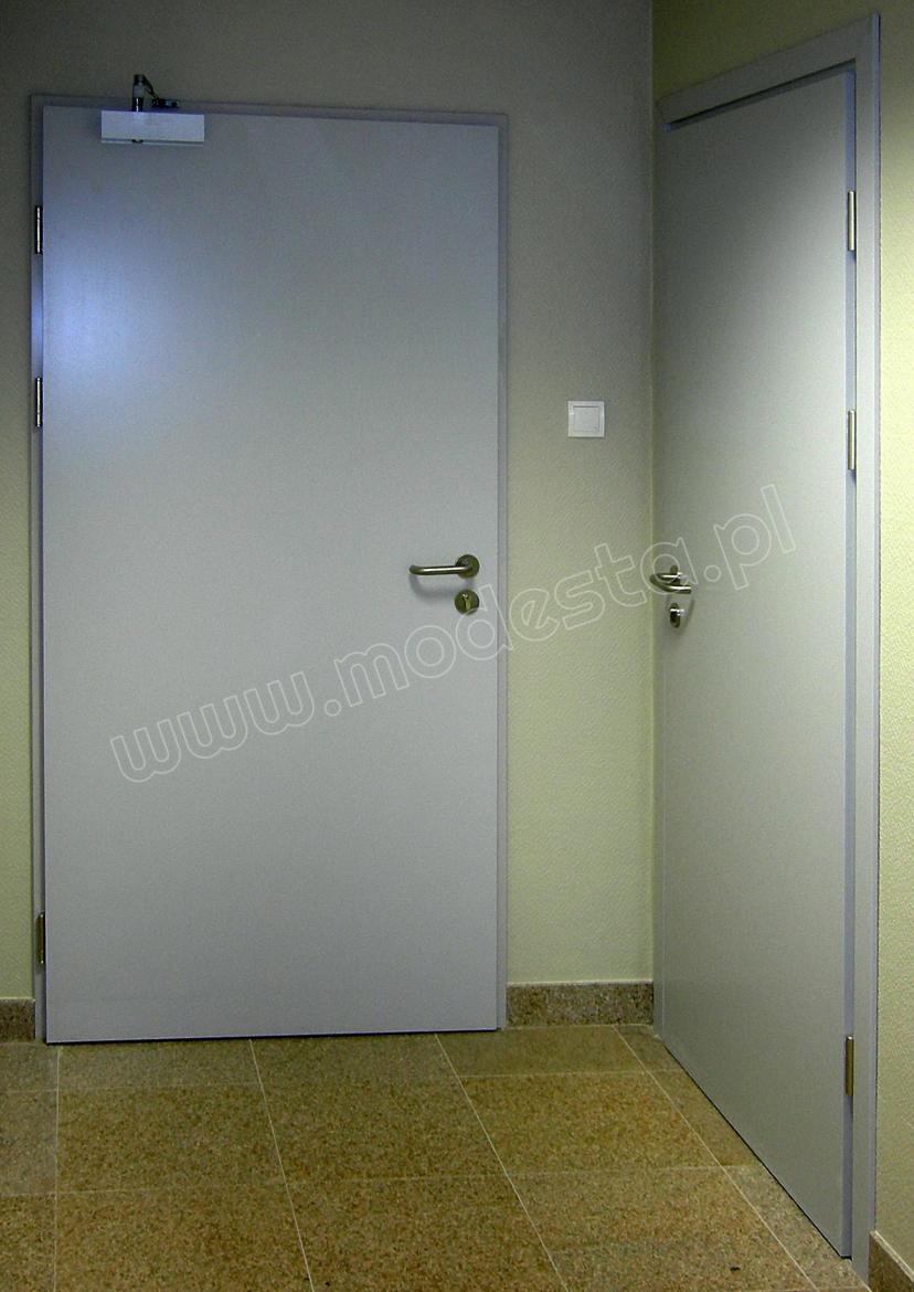 EI60 wooden fire and smoke resistant doors finished with natural wood veneer painted in gray with visible wood texture